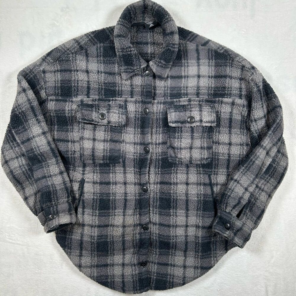 Pacsun Oversized Teddy Fleece Plaid Shacket Women’s XS/S Gray Black Shirt Jacket